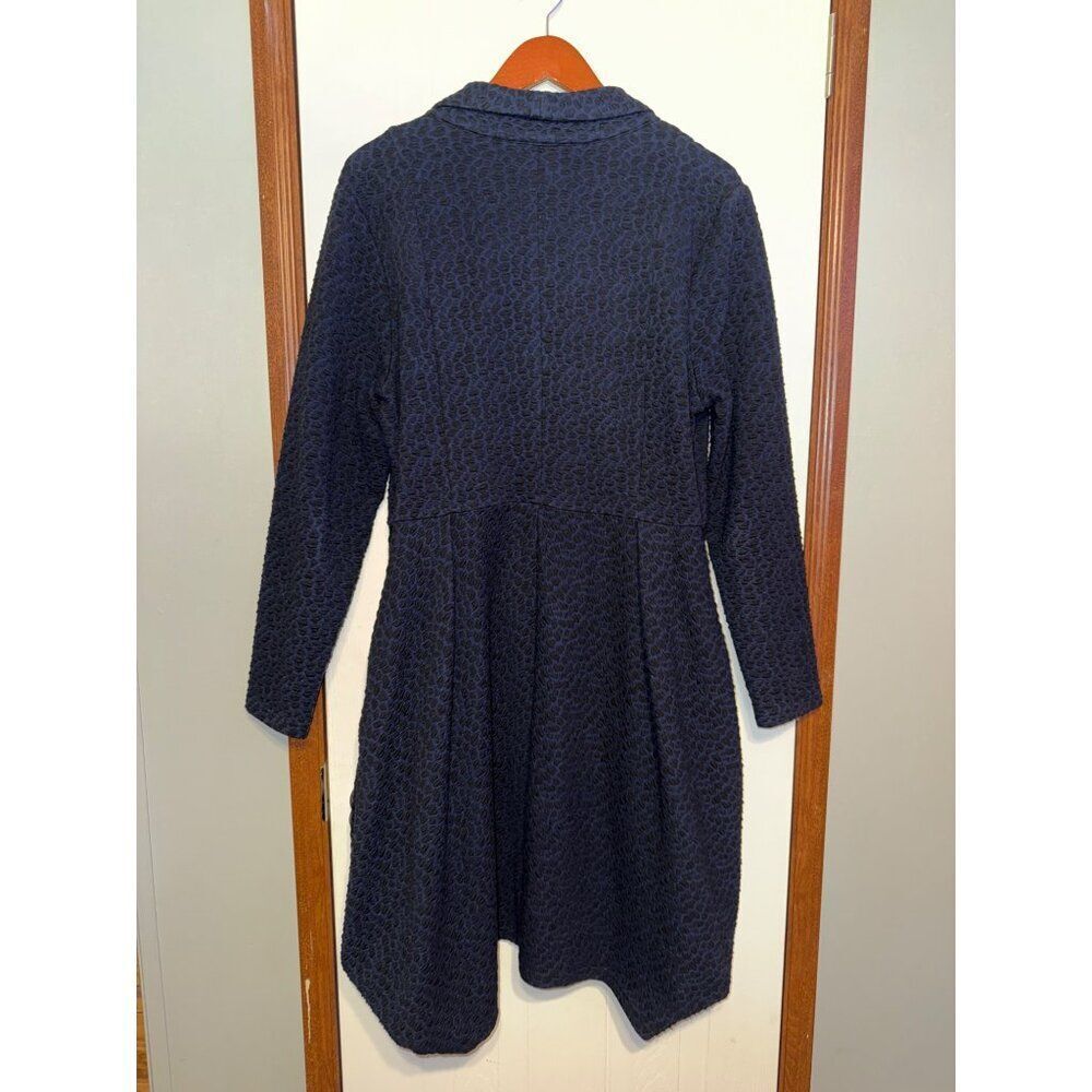 Samuel Dong Black and Navy Cheetah‎ Print Collared Dbl Zipper Coat Dress SZ Lg - Picture 2 of 16